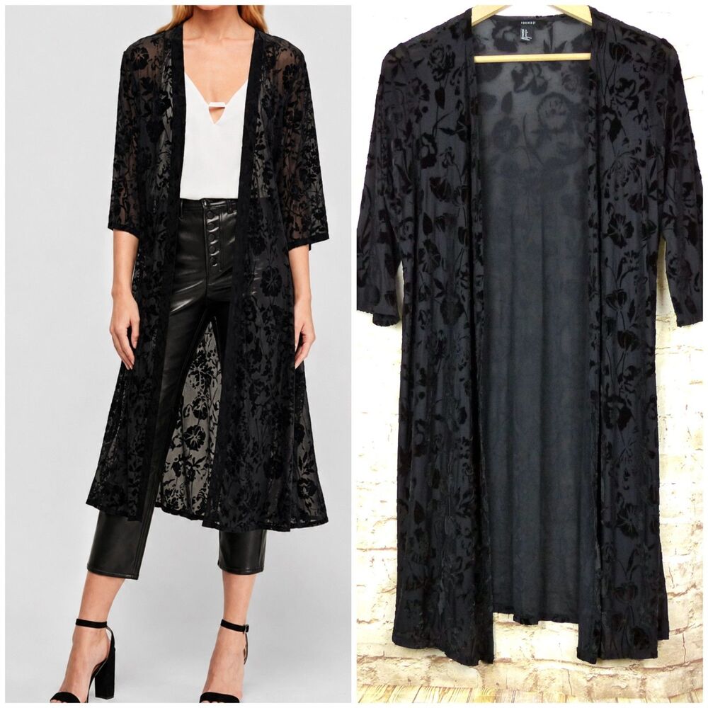 Forever 21 Black Burnout Floral Duster Cardigan Womens S Goth Boho Sheer Fairy